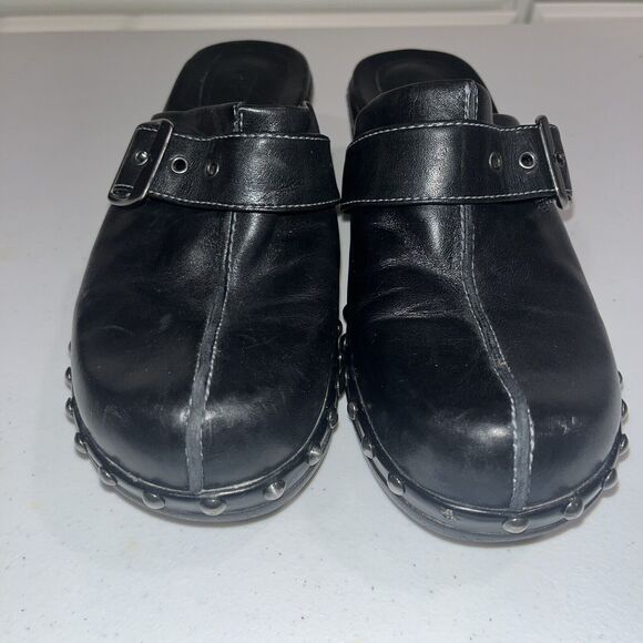 NWOT Ecco Chunky Y2k Studded Black Silver Leather Clogs Mules Buckles 37 6.5 - Picture 2 of 10